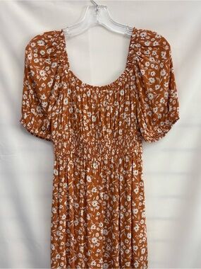 Rust Floral Smocked Waist Midi Dress